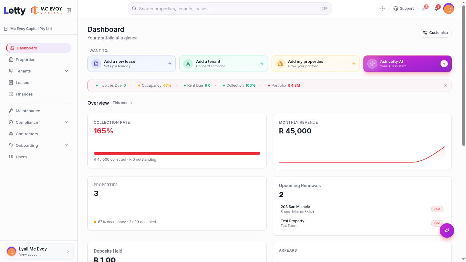 Letty property management dashboard showing portfolio value, occupancy rate, and collection rate