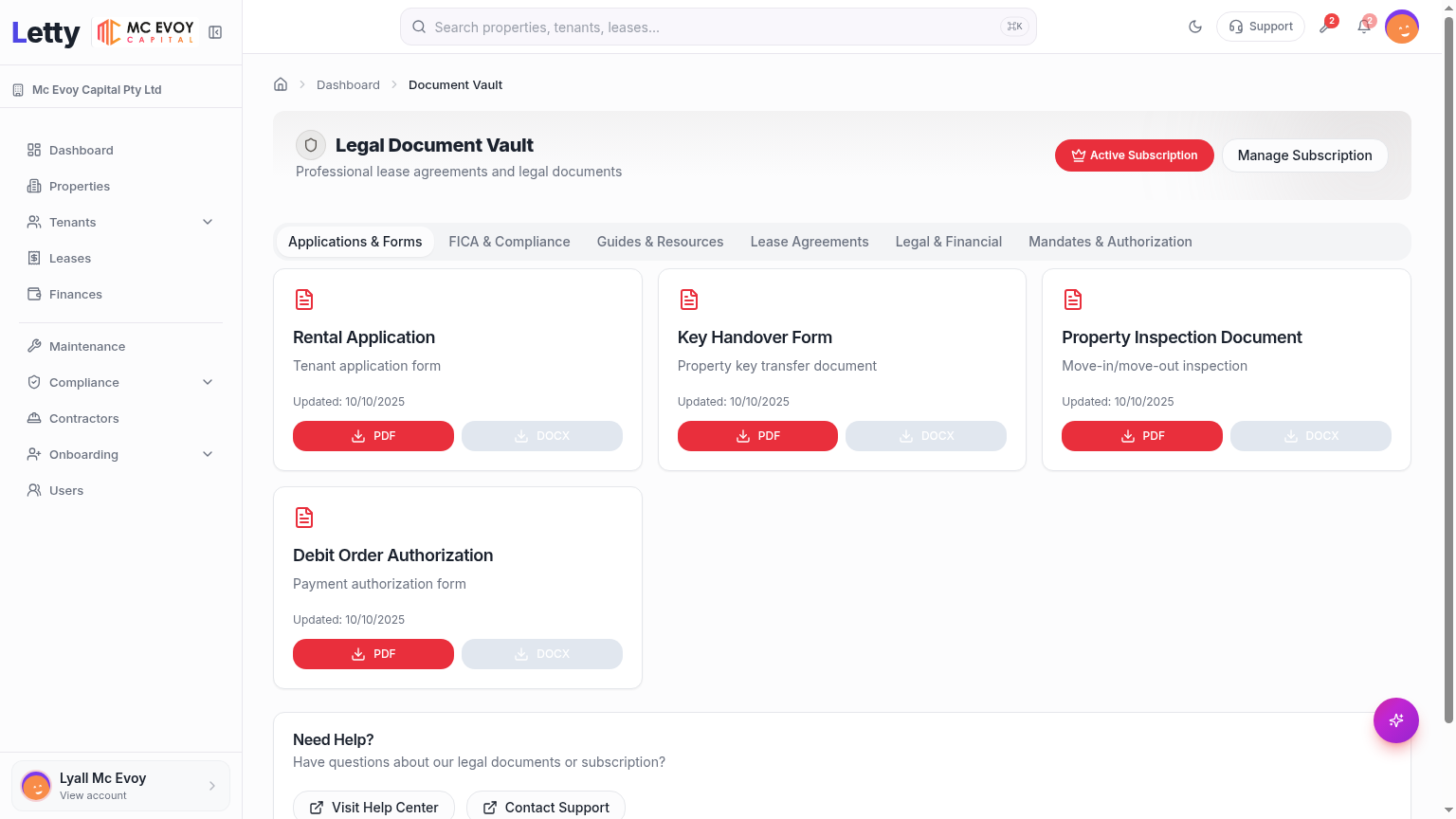 Letty document management vault with categorised files