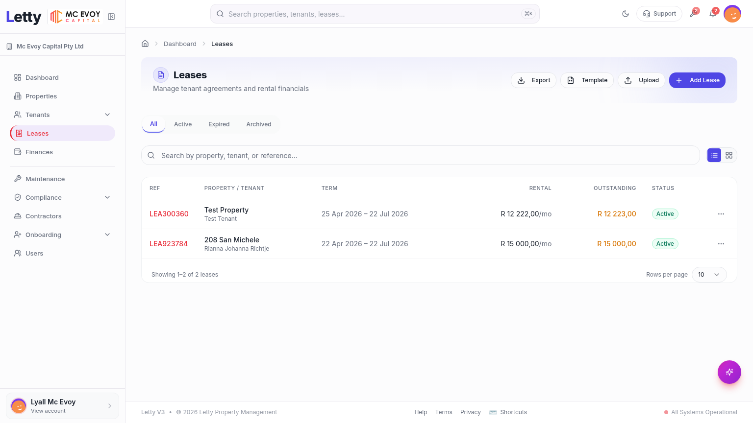 Letty lease management dashboard with active leases