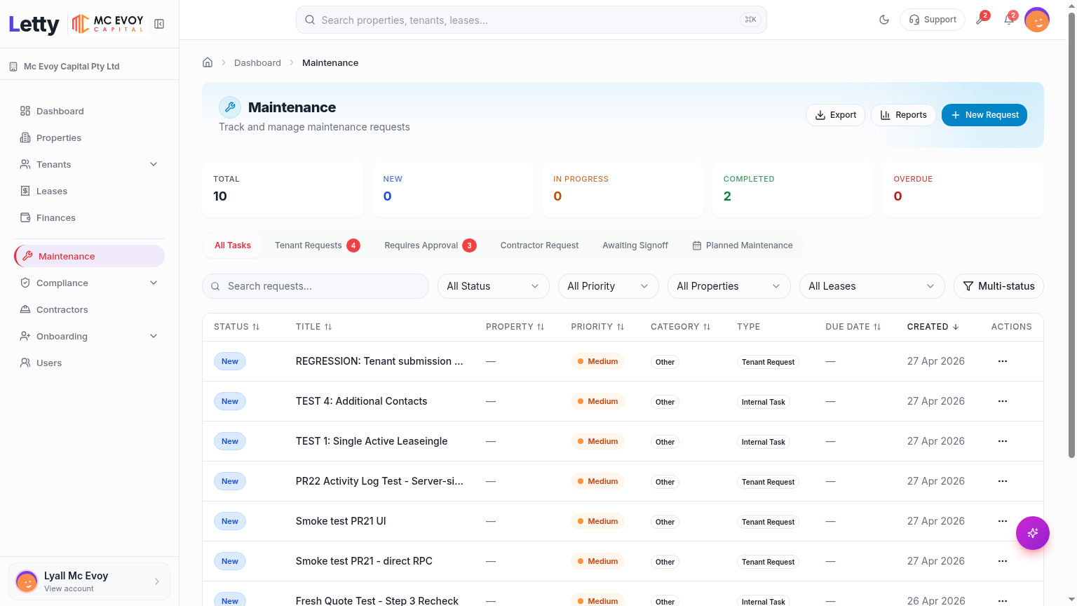Letty maintenance tracking interface with task list