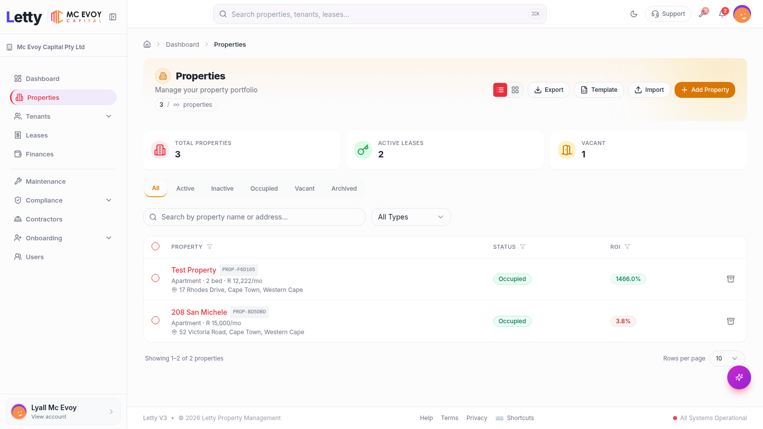 Letty property management interface showing portfolio overview