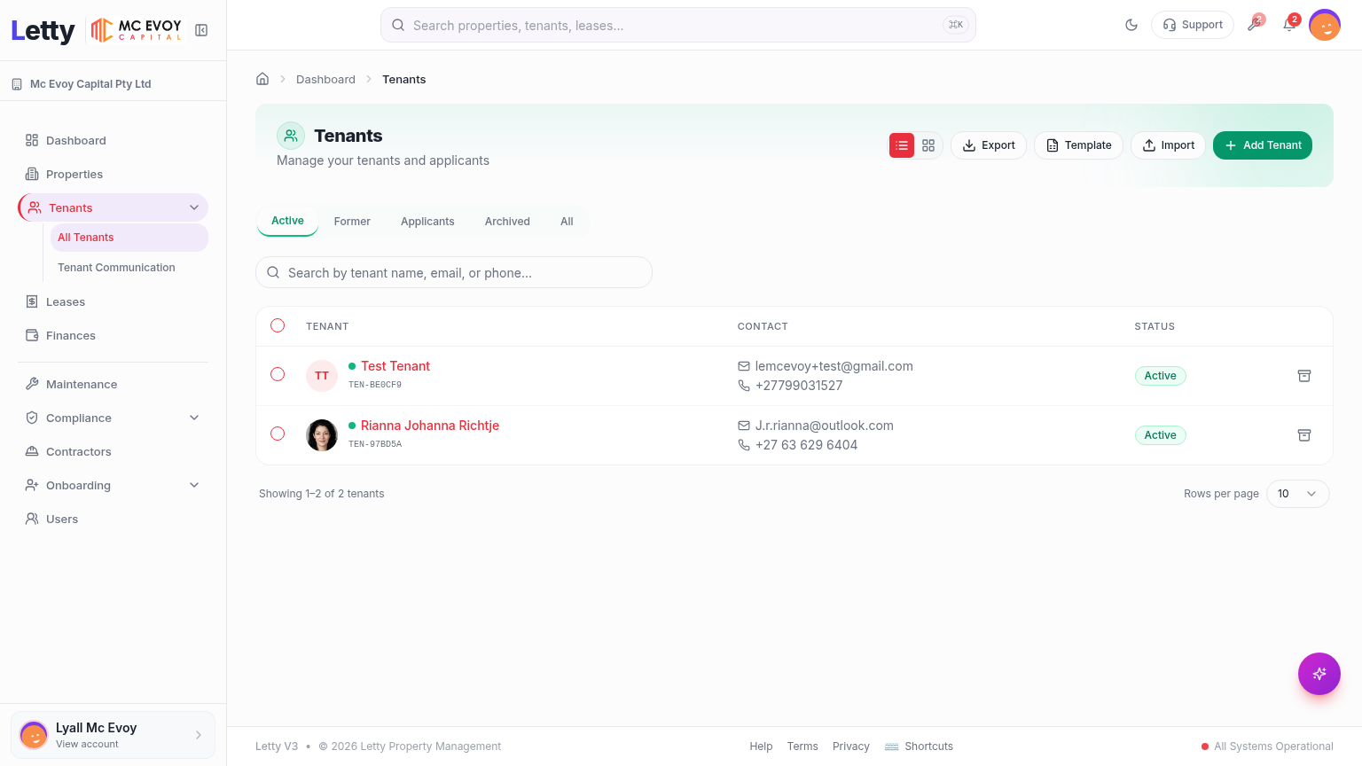 Letty tenant management screen with tenant profiles